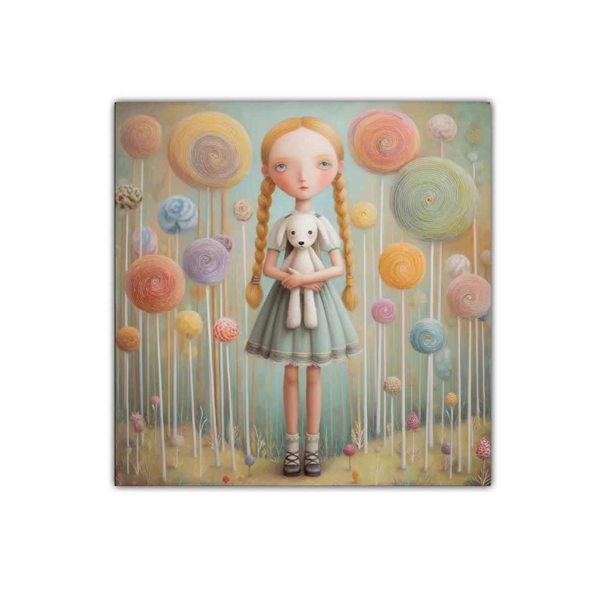 Niña de trenzas entre dulces gigantes y suaves tonos pastel — imagen principal