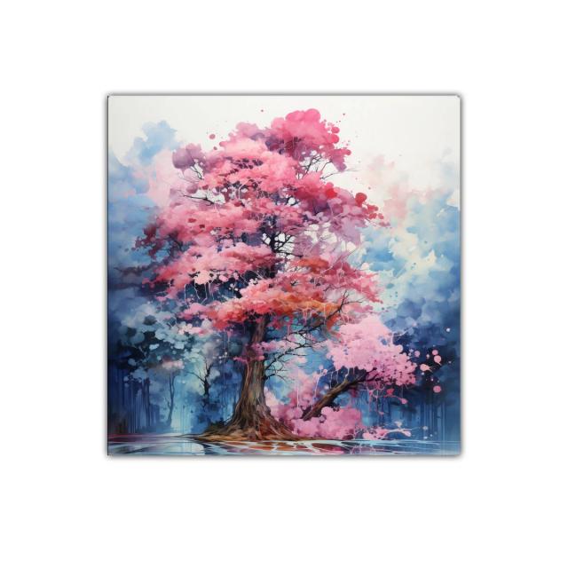 Árbol con flores en tonos rosas y fondo azul etéreo