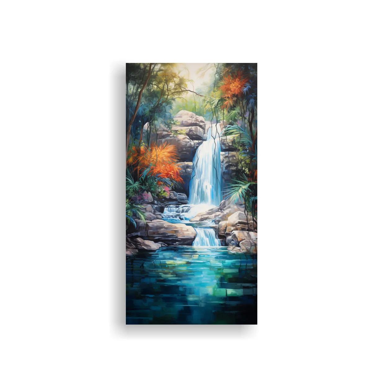 Cuadro cascada entre grandes rocas y poza tranquila