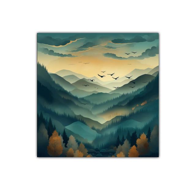 Paisaje de montañas nebulosas al amanecer con aves en vuelo