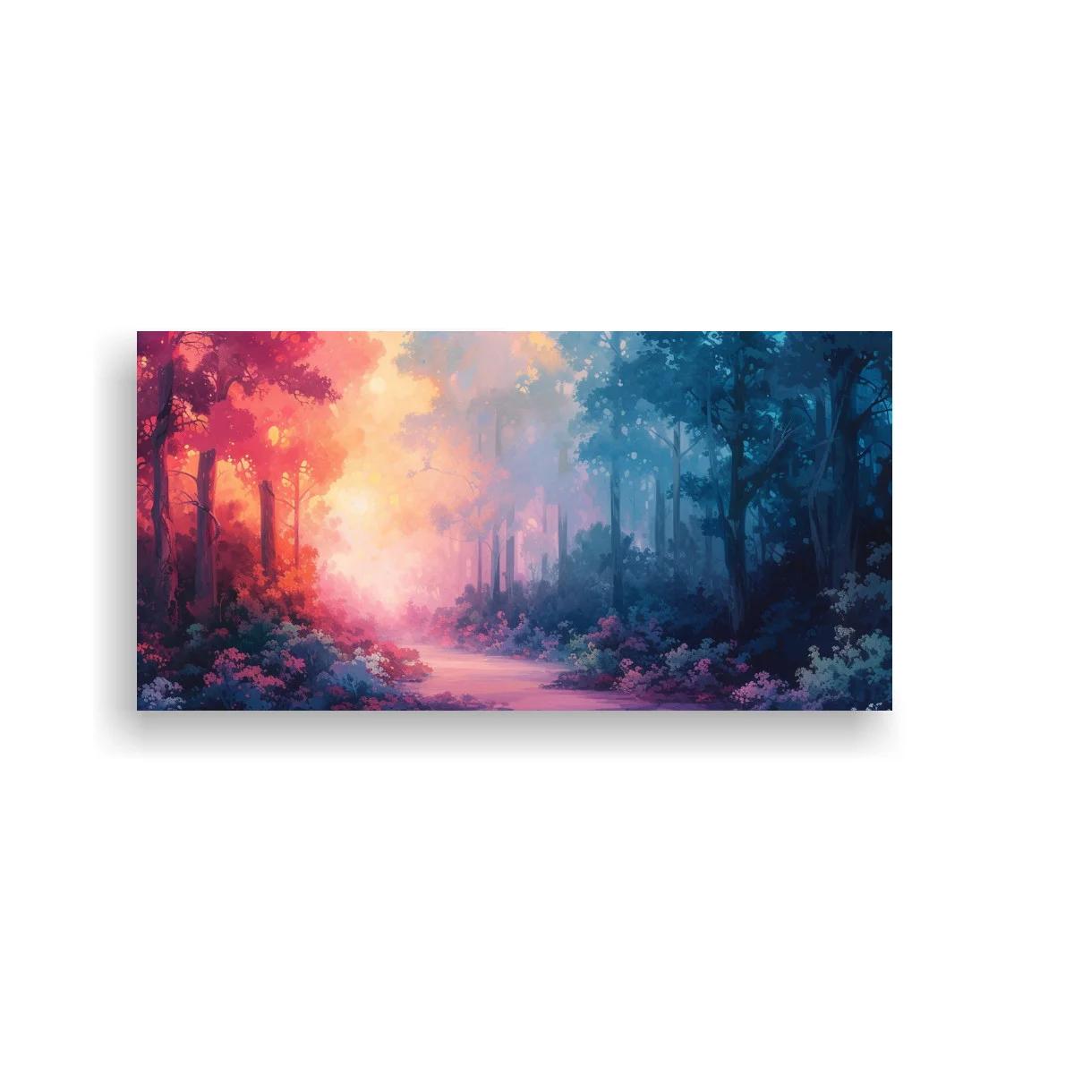 Cuadro bosque con sendero iluminado y contraste cálido frío
