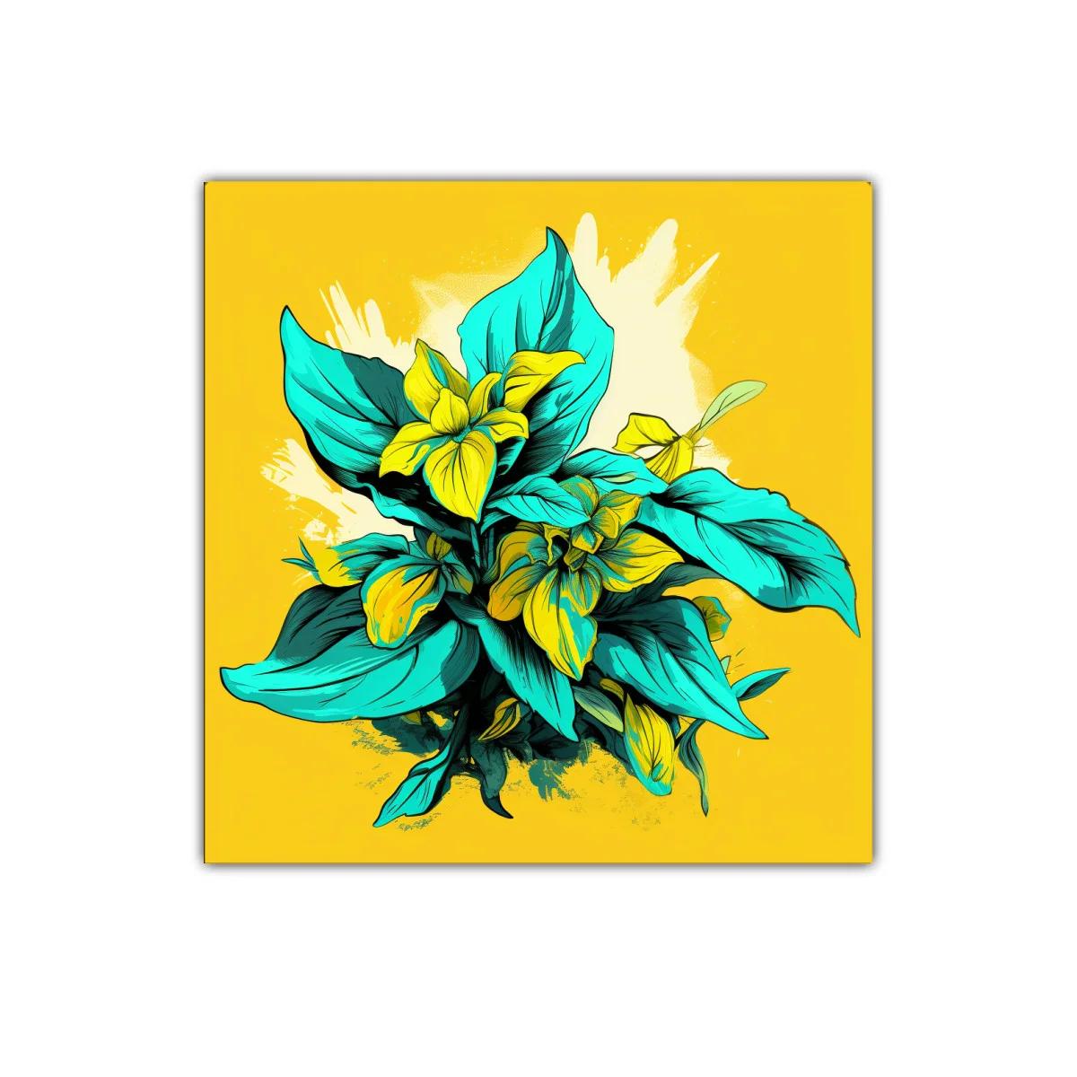 Composición Vibrante con Flores y Hojas en Amarillo y Turquesa — imagen principal
