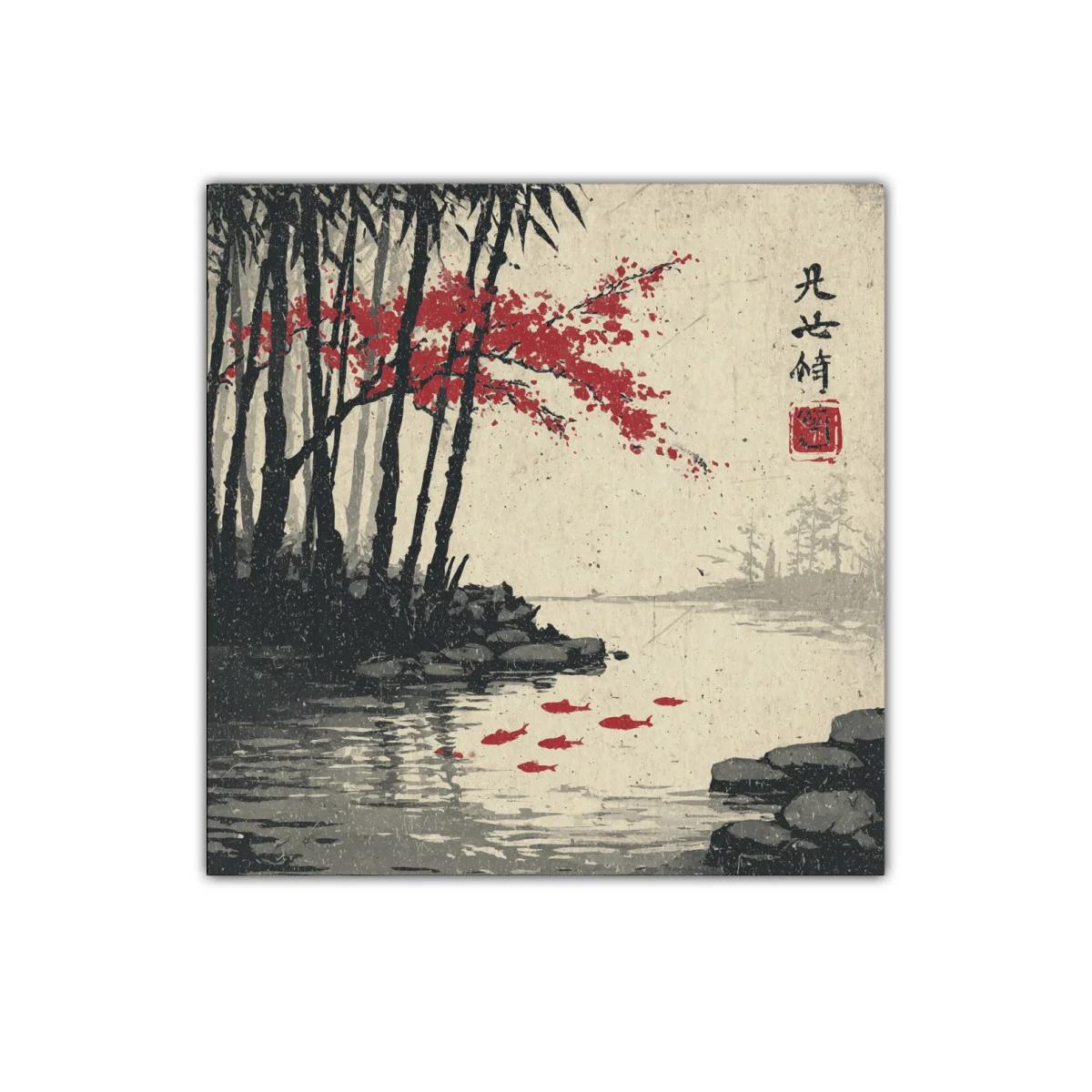 Paisaje sereno con árboles y peces rojos en agua tranquila
