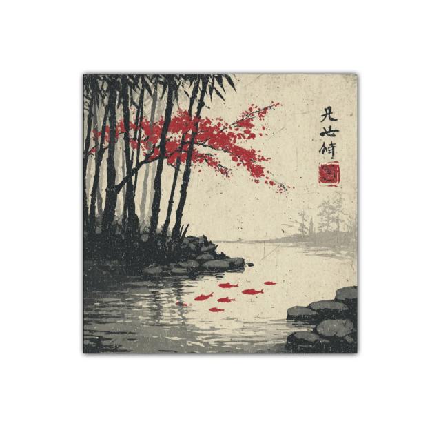 Paisaje sereno con árboles y peces rojos en agua tranquila