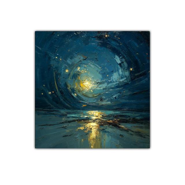 Cuadro abstracto con luz dorada en paisaje nocturno