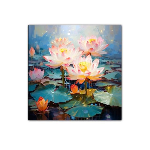 Flor de loto iluminada en estanque azul sereno