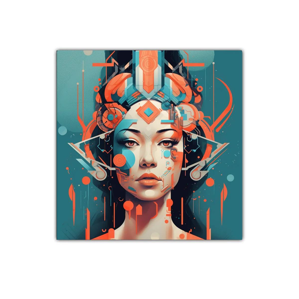 Retrato futurista de mujer con detalles geométricos y vibrantes — imagen principal