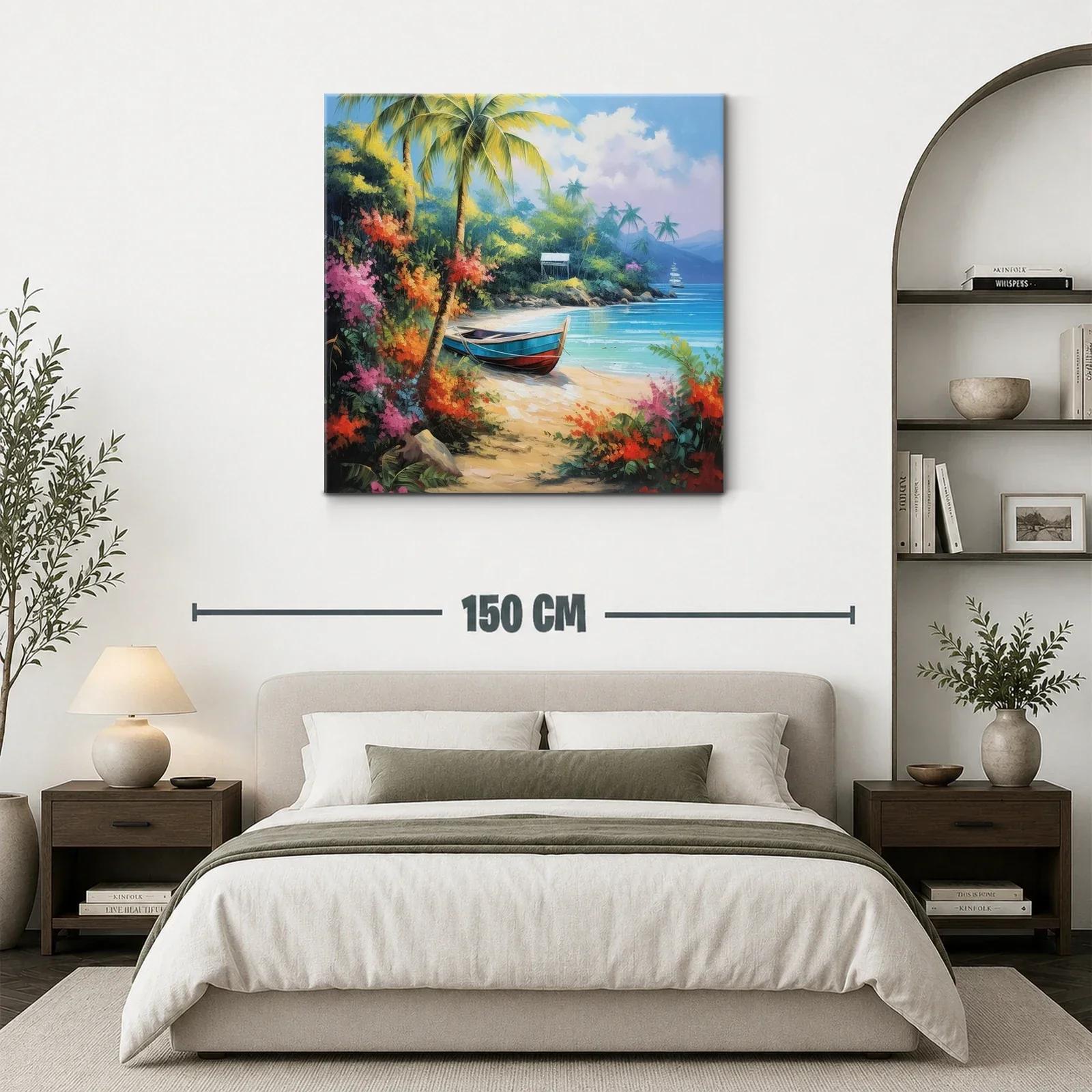 Paisaje tropical con barca en playa paradisíaca y flora vibrante — miniatura 3
