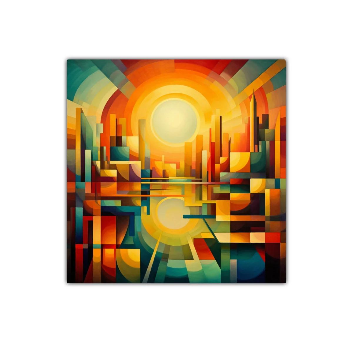 Ciudad abstracta al amanecer con vibrante paleta cálida