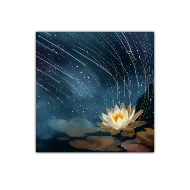 Loto dorado bajo cielo estrellado en calma serena