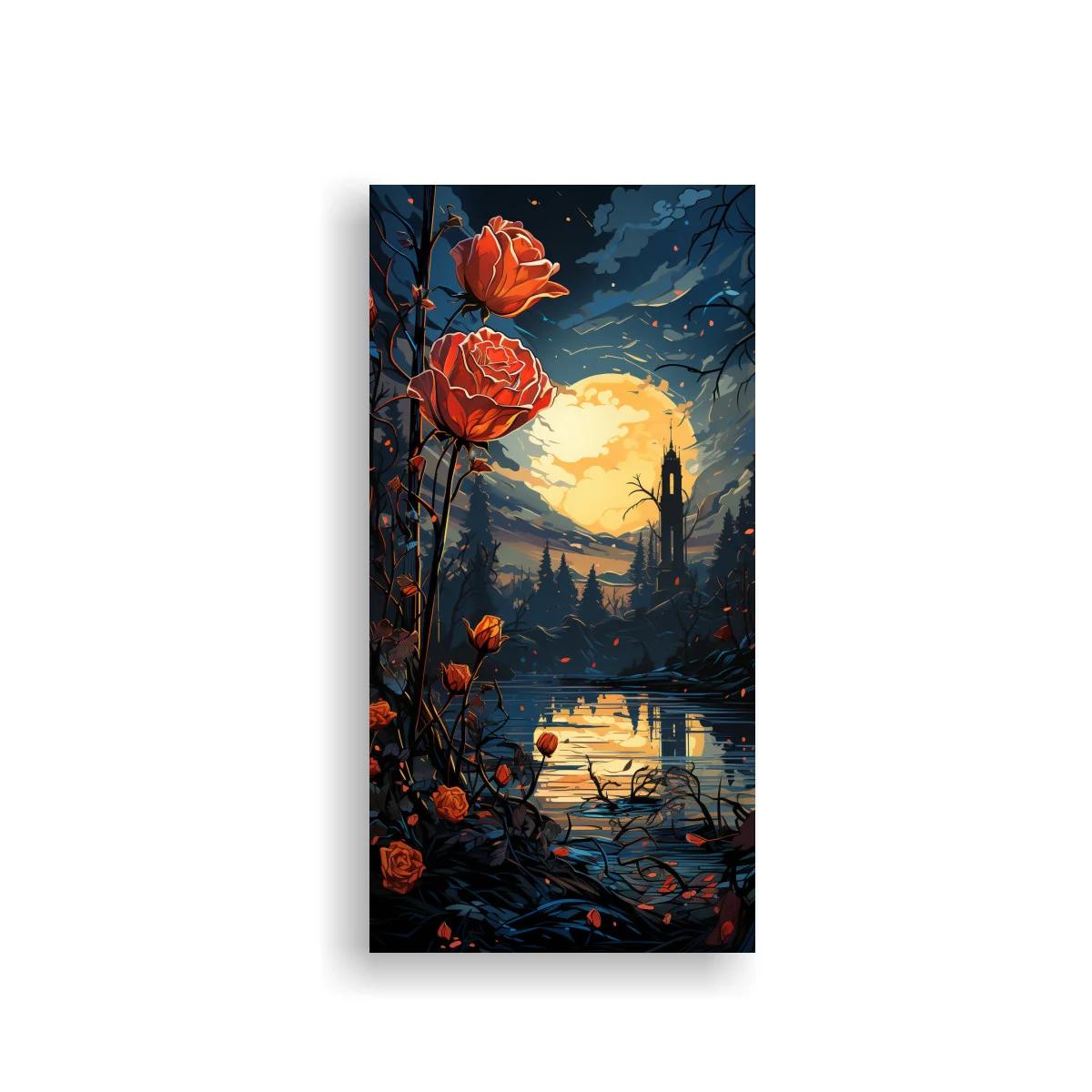 Cuadro rosas naranjas con luna llena y lago