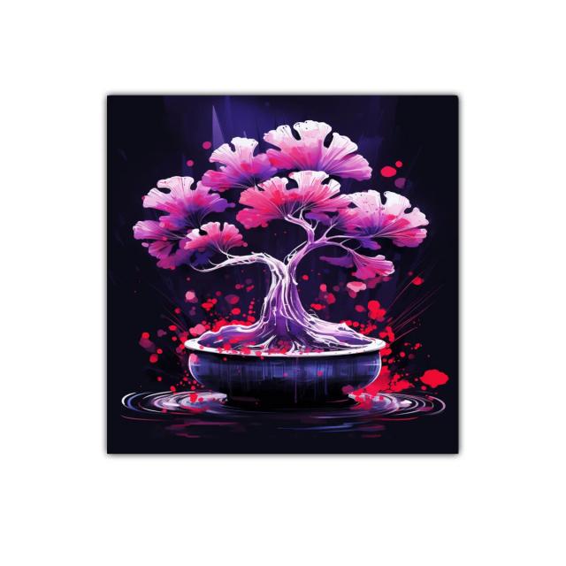 Árbol de bonsái con flores en tonos fucsia y morado