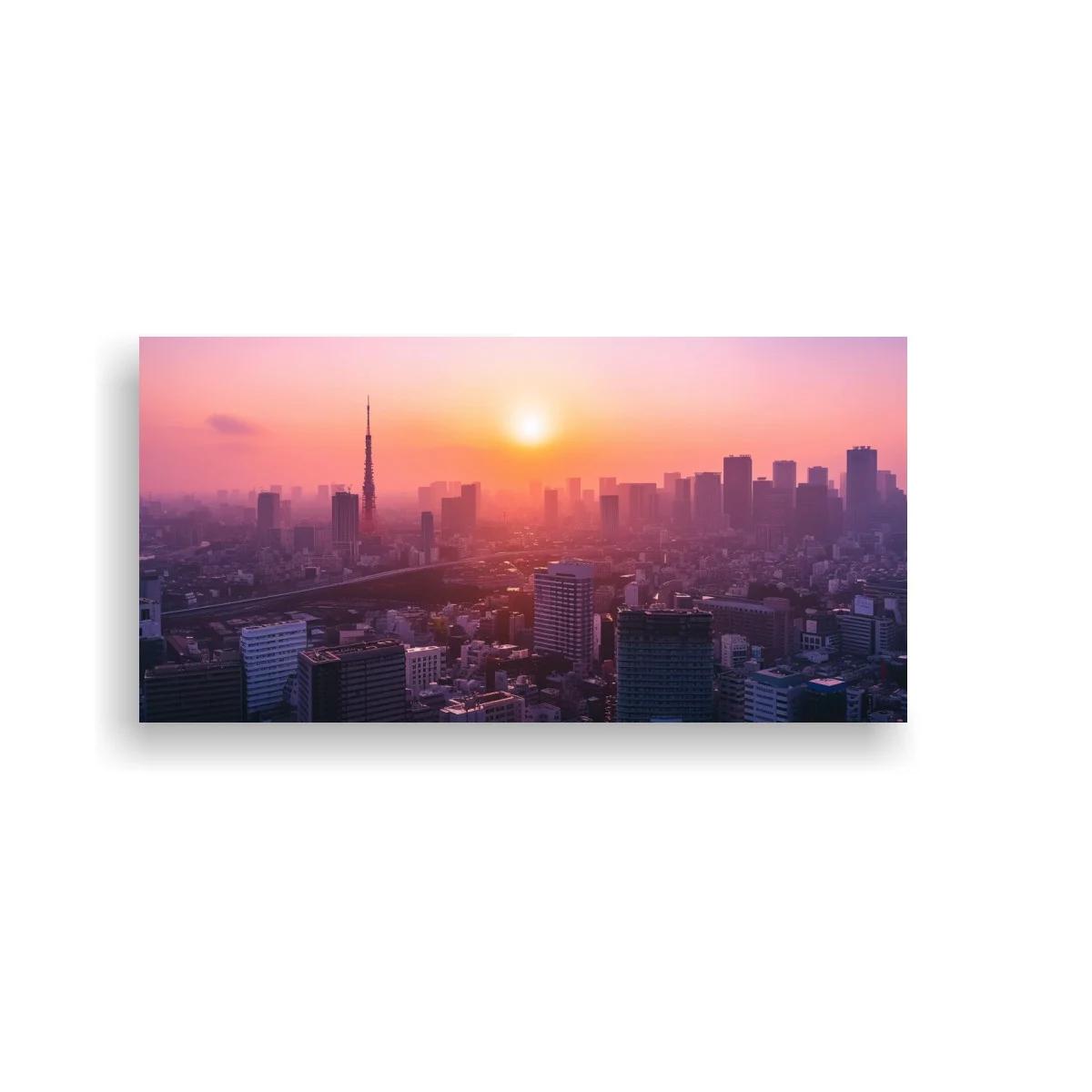 Cuadro skyline urbano al atardecer con torre alta y delgada