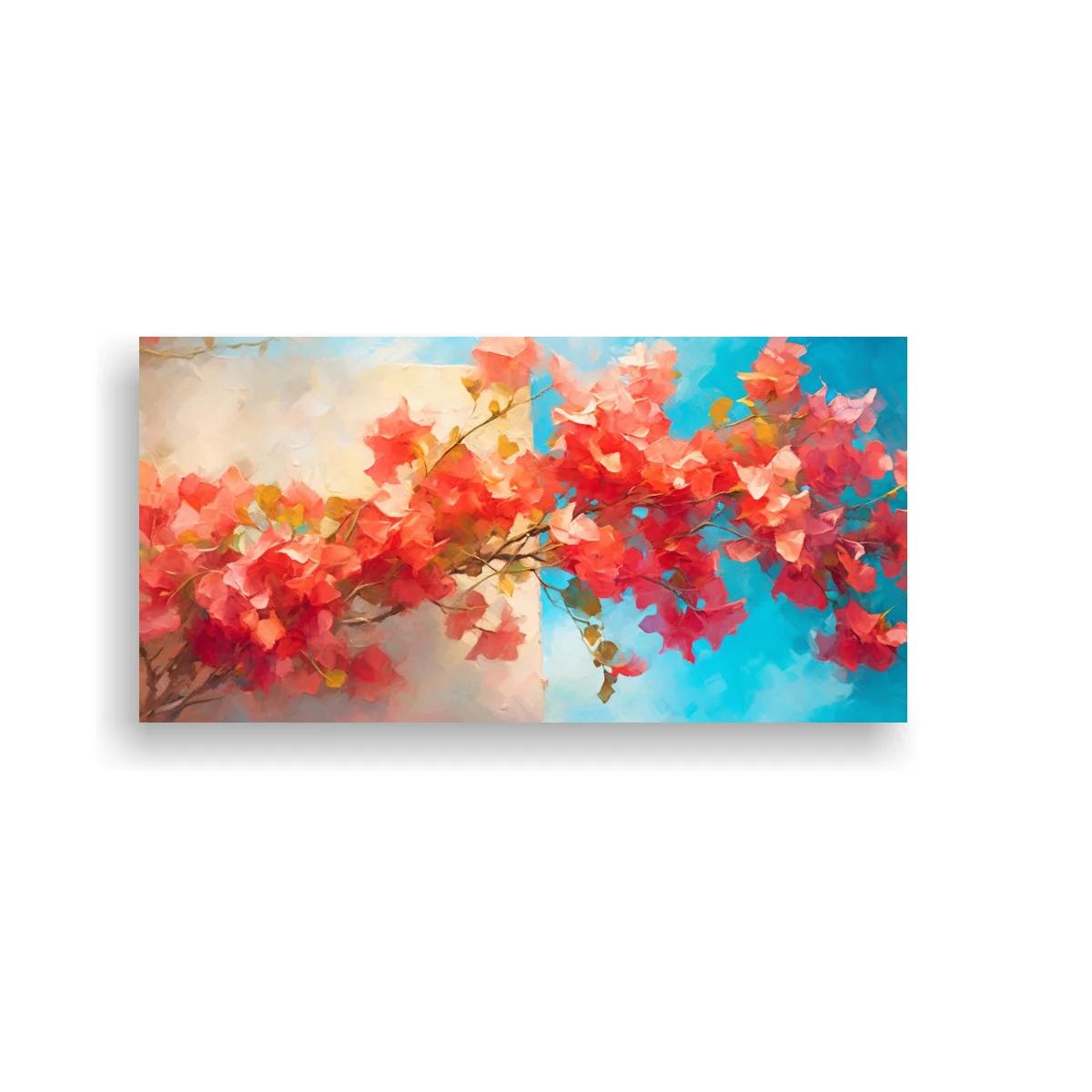 Cuadro rama de buganvilla con flores coral y fondo luminoso