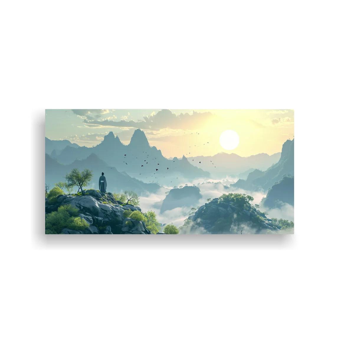 Cuadro paisaje de montañas con niebla y figura humana pequeña