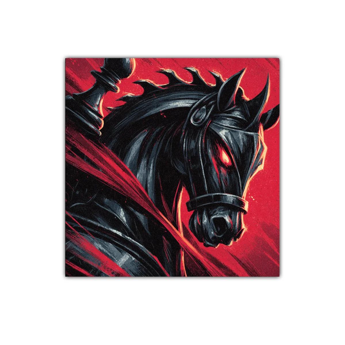 Caballo negro con ojos ardientes en fondo rojo vibrante — imagen principal