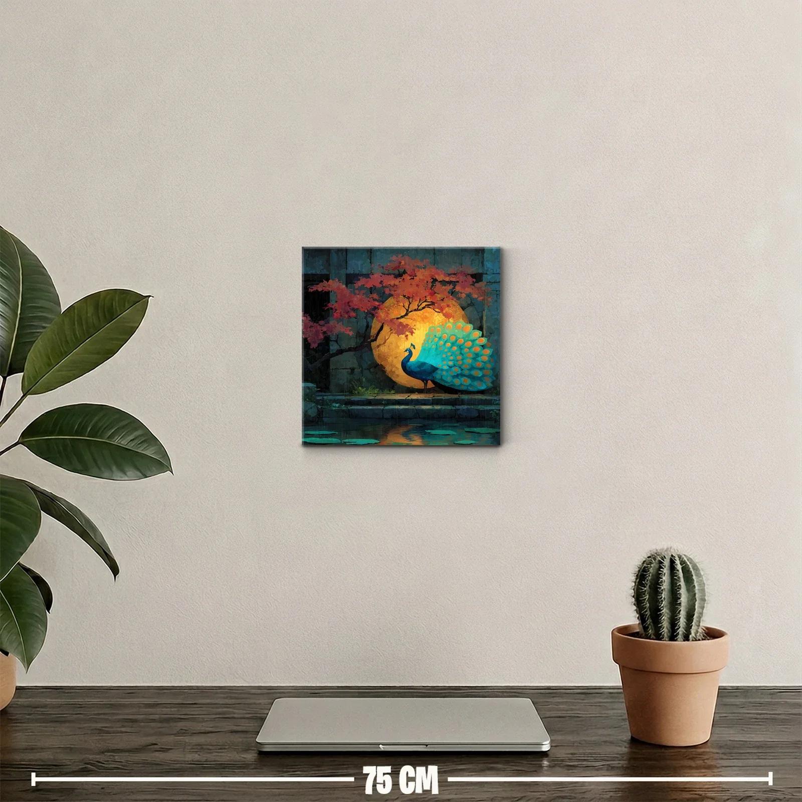 Cuadro decorativo de pavo real con fondo otoñal vibrante — miniatura 2