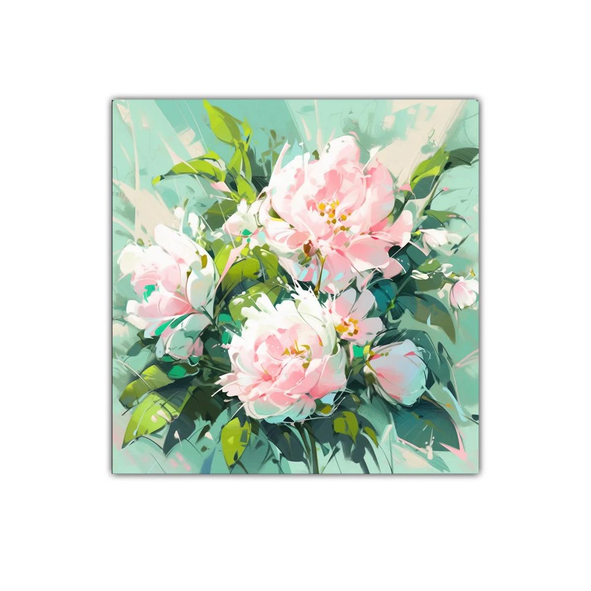 Cuadro floral con flores rosas y hojas verdes frescas