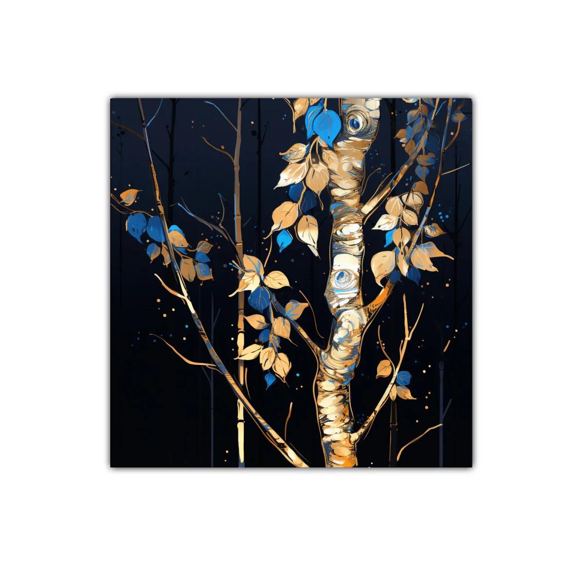 Cuadro Árbol con Hojas en Tonos Azules y Dorados — imagen principal