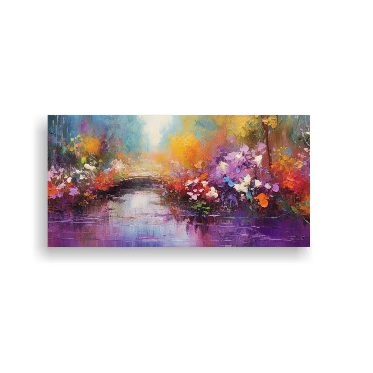 Cuadro arroyo entre flores con reflejos violetas y rosados