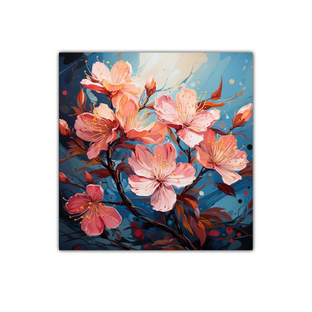 Cuadro floral con flores rosas sobre fondo azul vibrante