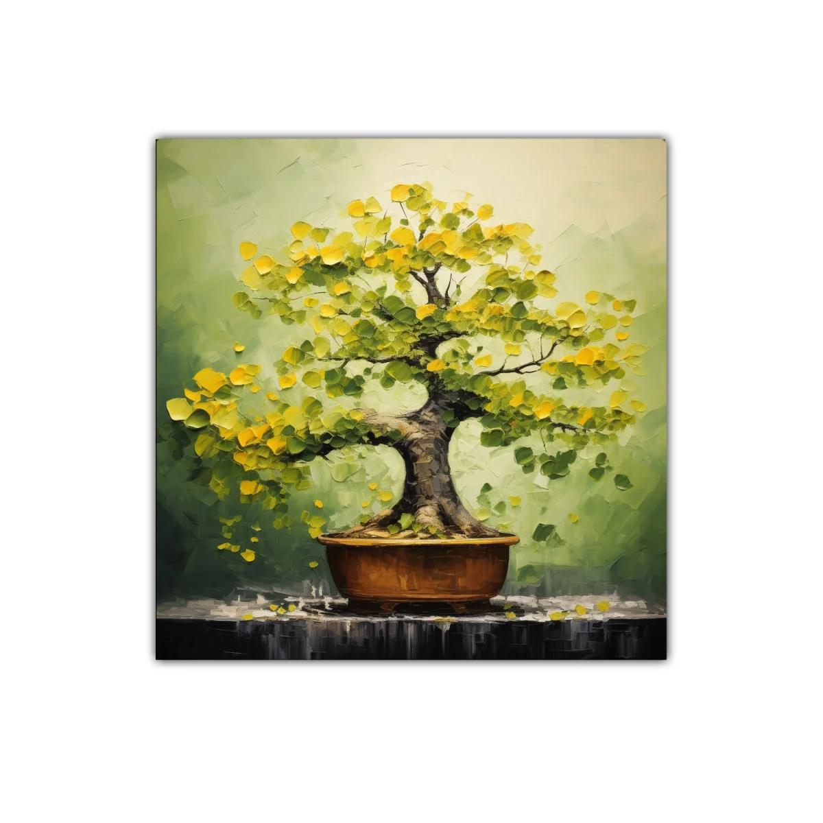 Arbol Bonsái con Hojas Amarillas y Fondo Verde Suave — imagen principal