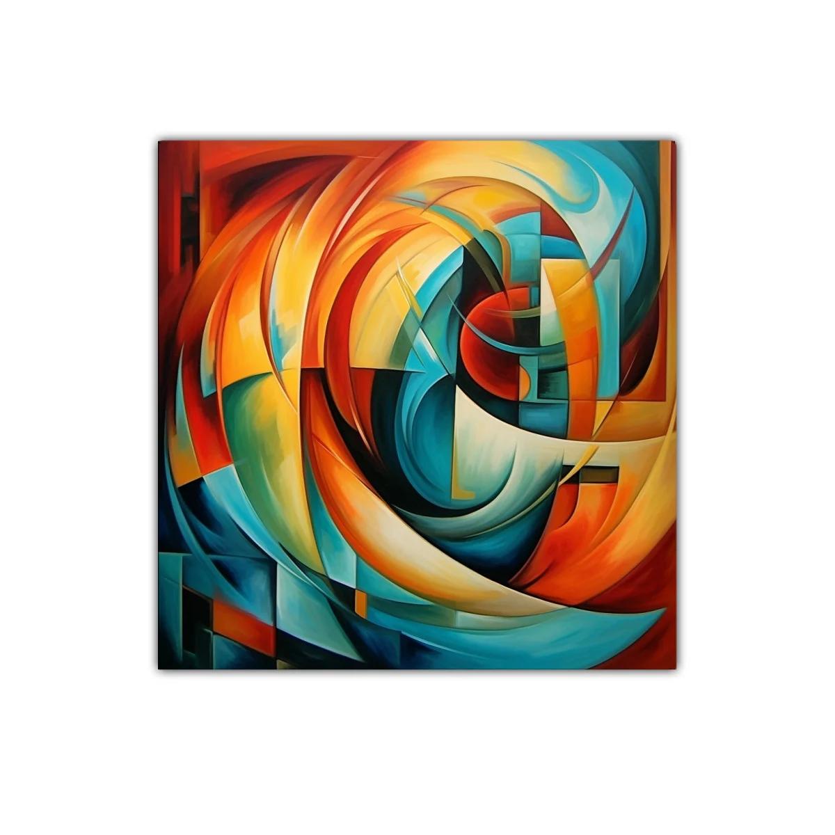 Cuadro abstracto con vibrantes formas en tonos cálidos y fríos