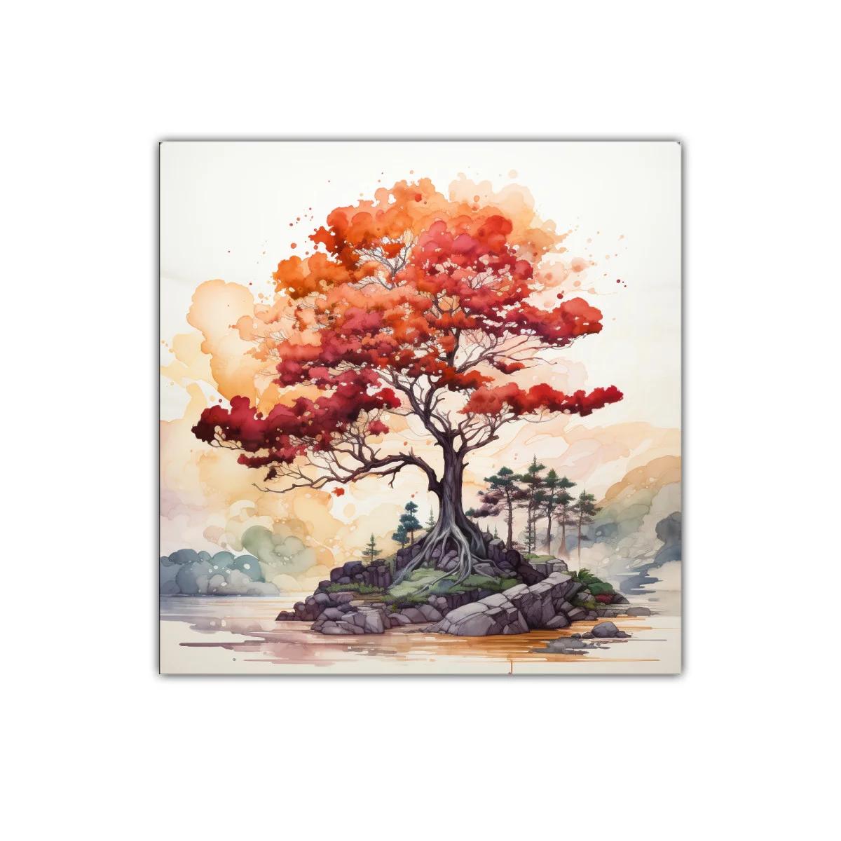 Árbol rojizo en isla junto a un lago sereno