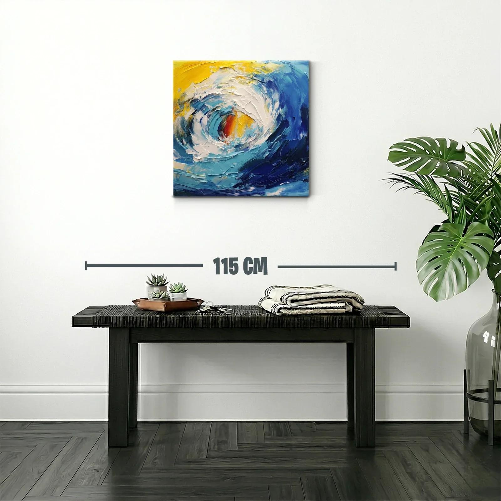 Cuadro abstracto de oleaje dinámico en tonos azul y amarillo — miniatura 2