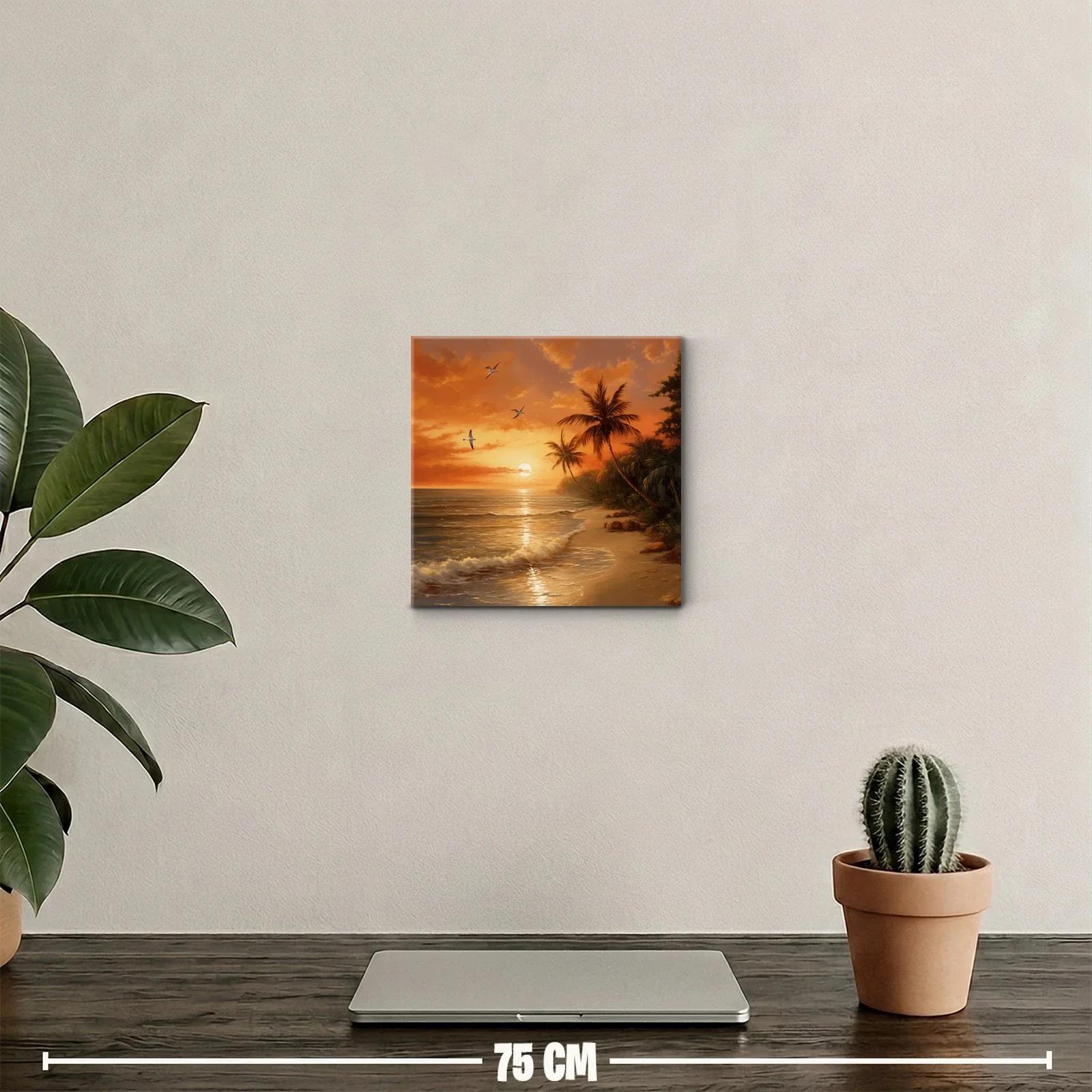 Atardecer tropical con palmeras y vuelo de aves sobre la playa — miniatura 2