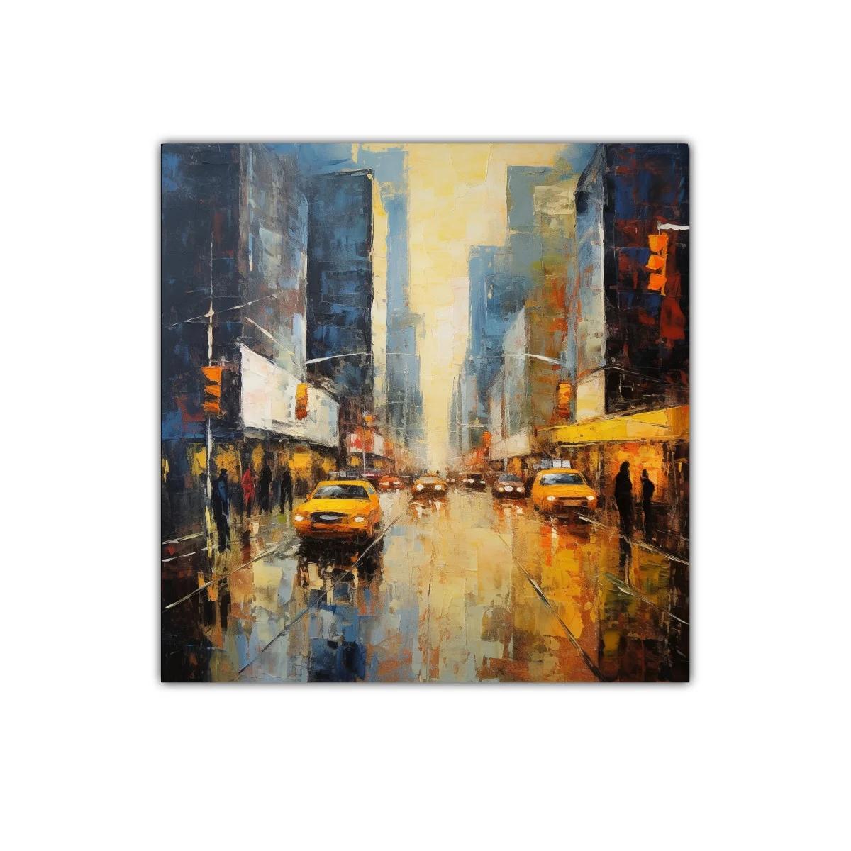 Ciudad vibrante con taxis en ambiente urbano iluminado