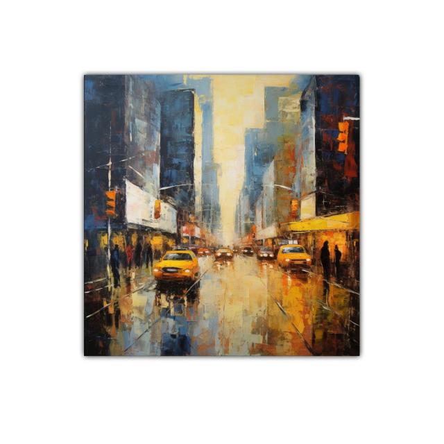 Ciudad vibrante con taxis en ambiente urbano iluminado