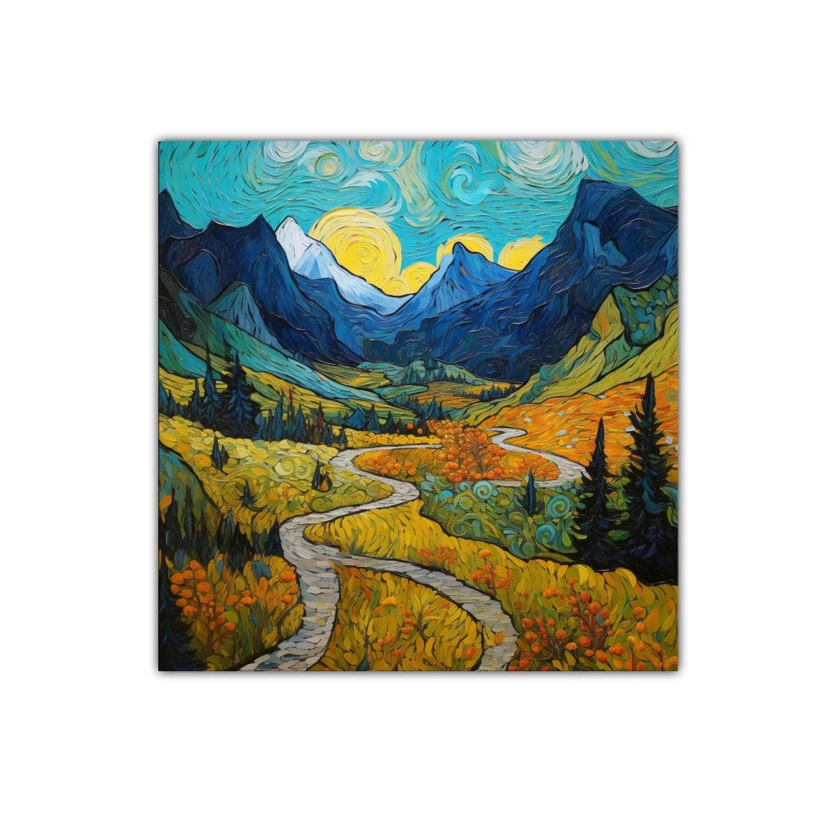 Paisaje montañoso con sendero bajo cielo vibrante