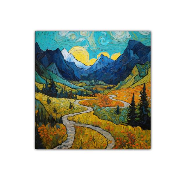 Paisaje montañoso con sendero bajo cielo vibrante