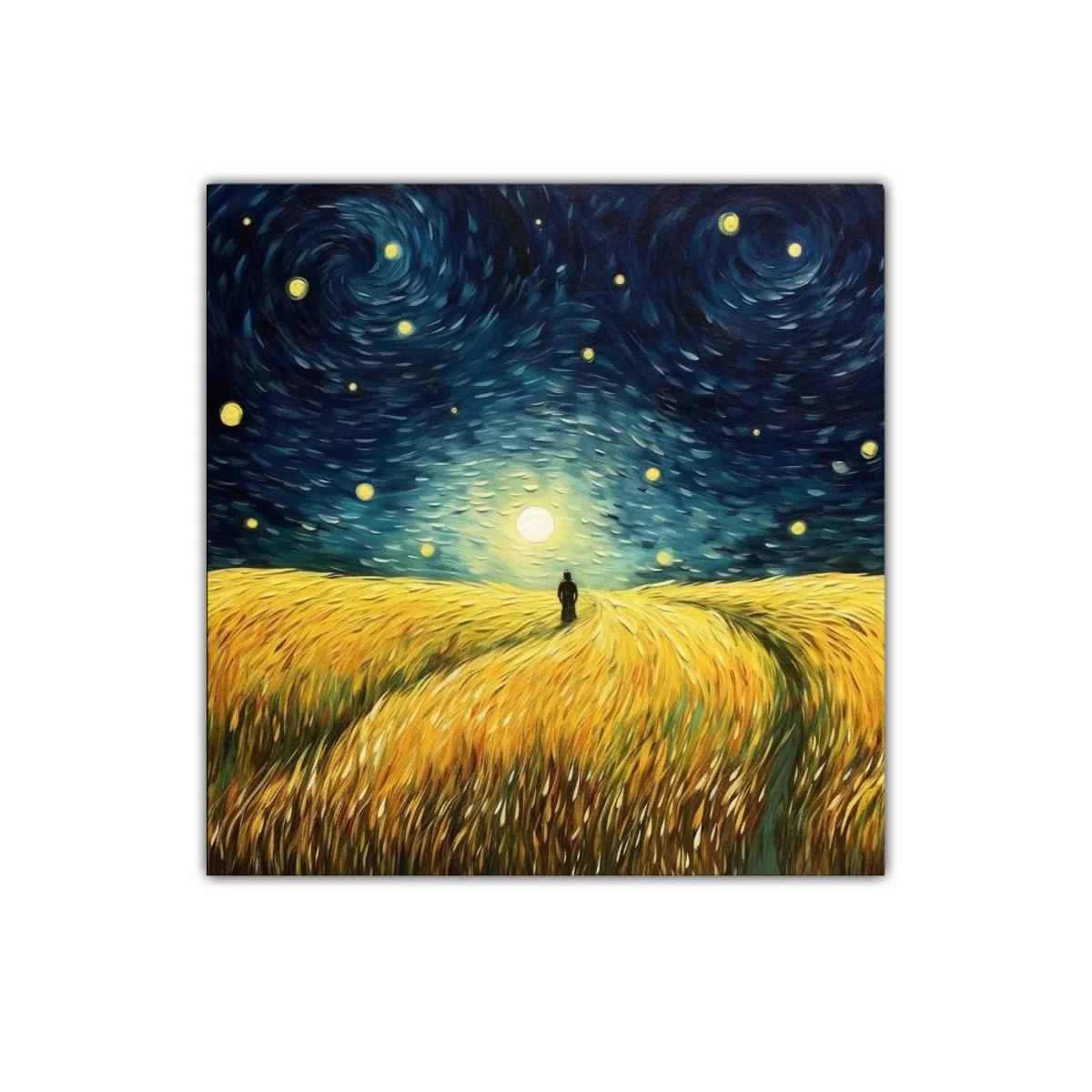 Paisaje nocturno con trigo bajo cielo estrellado