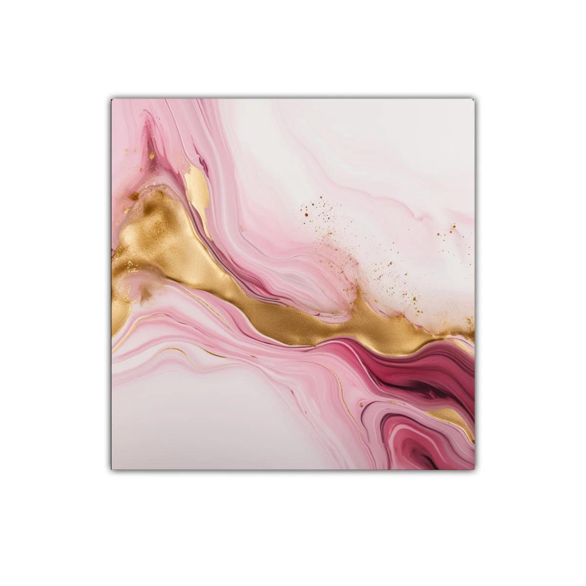 Arte abstracto en tonos rosa con detalles dorados y movimiento fluido