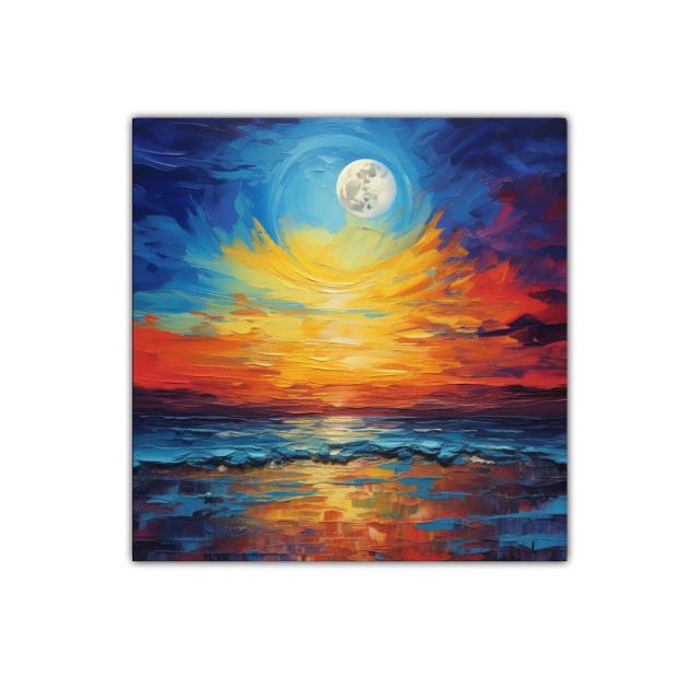 Atardecer vinculado con luna llena sobre el mar en colores vivos