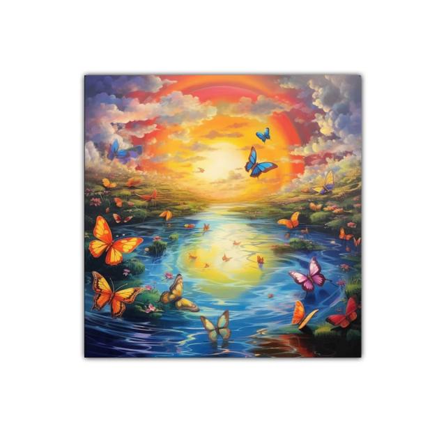 Paisaje onírico con mariposas y atardecer vibrante