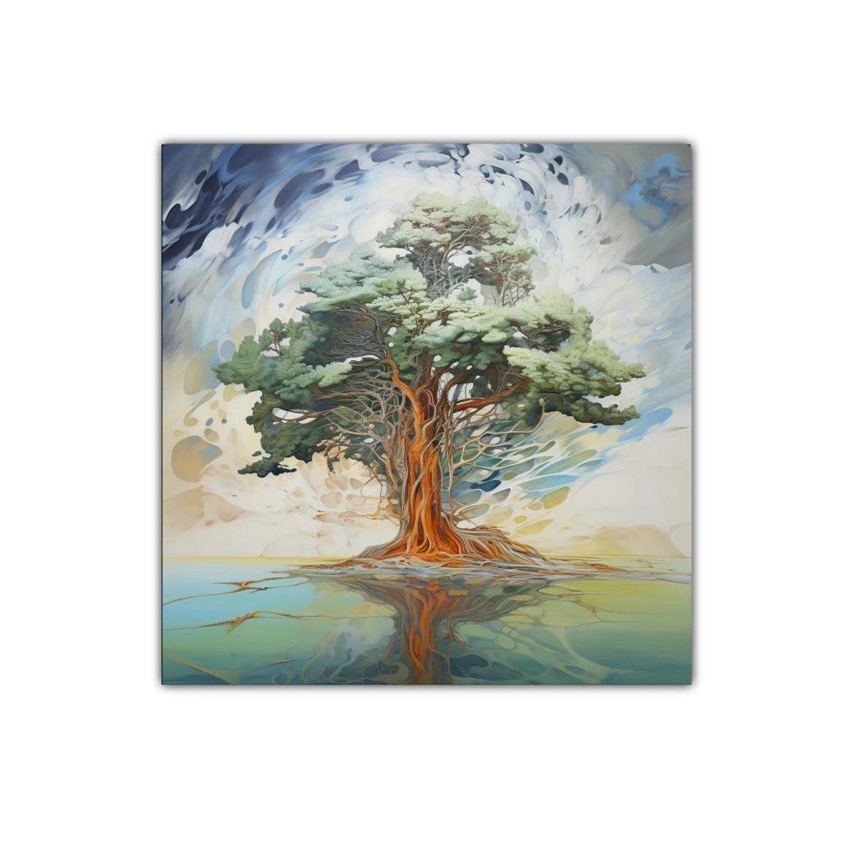 Árbol majestuoso con reflejo sobre agua serena