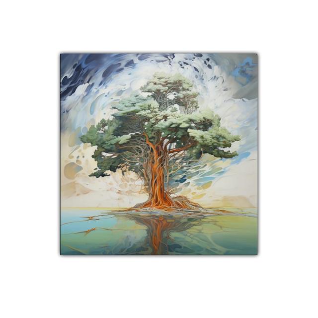 Árbol majestuoso con reflejo sobre agua serena