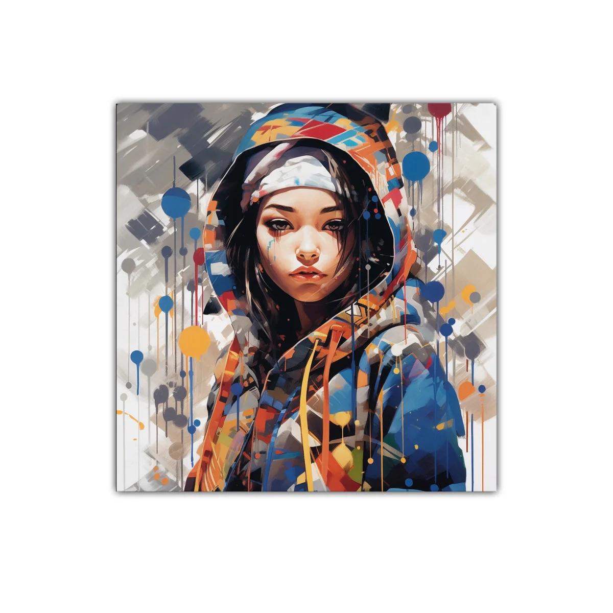 Retrato moderno de mujer con capucha colorida y expresiva — imagen principal