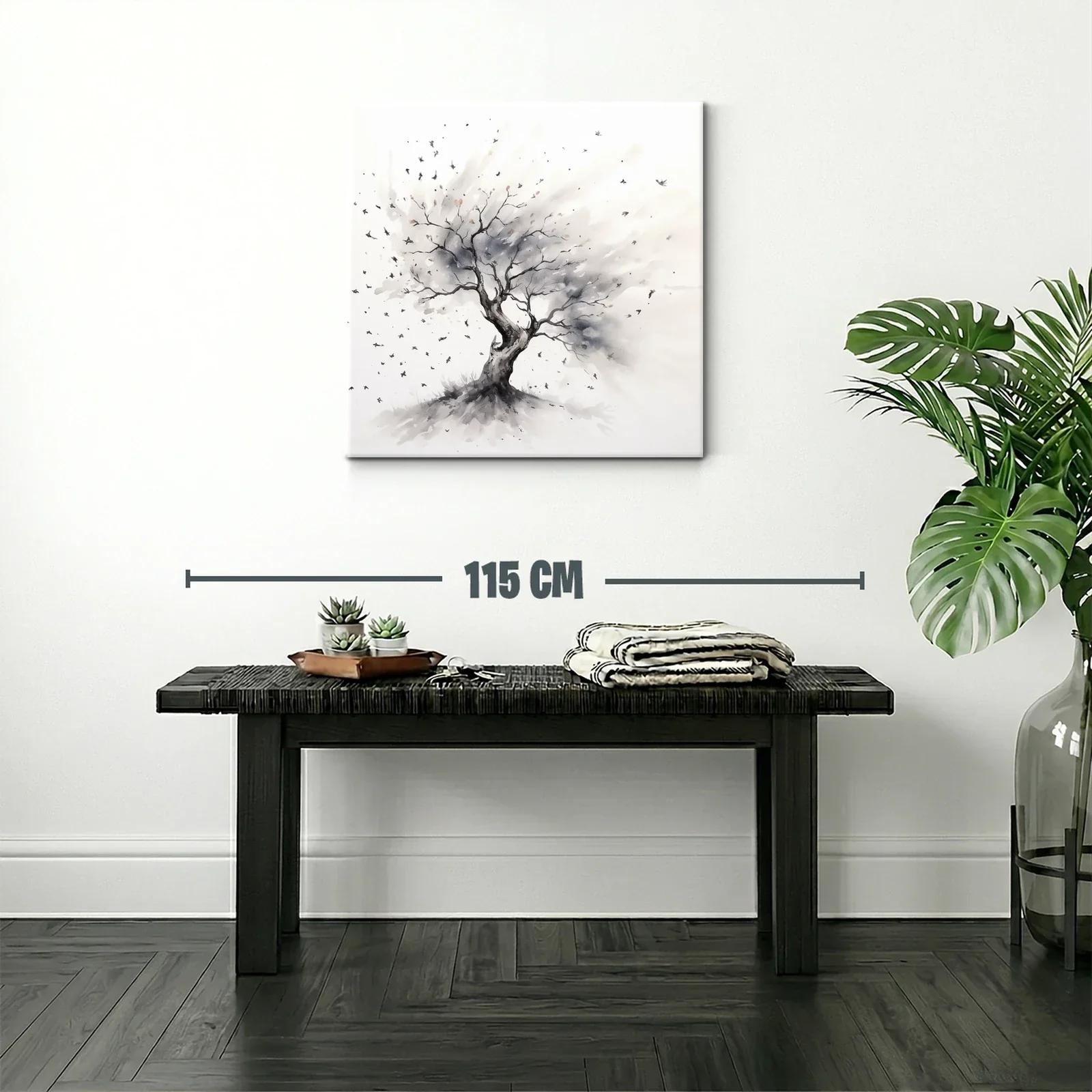 Árbol solitario con aves en tonos neutros — miniatura 2