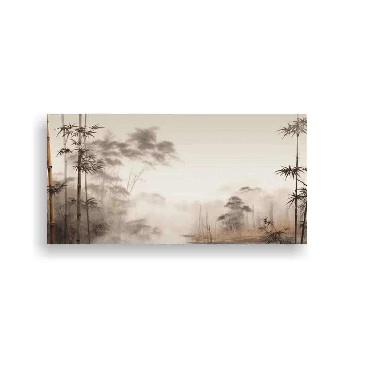 Cuadro bosque de bambú con bruma y agua tranquila