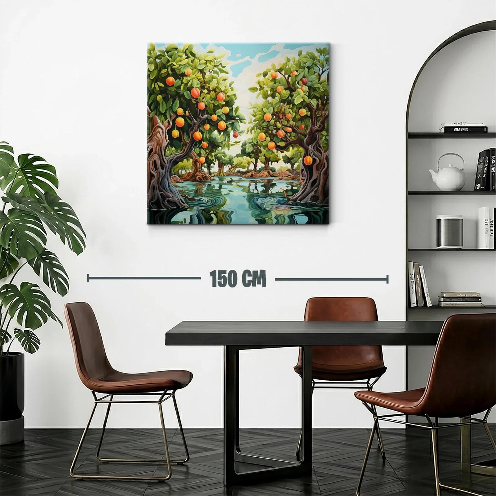 Cuadro de paisaje con árboles frutales y agua serena — miniatura 2