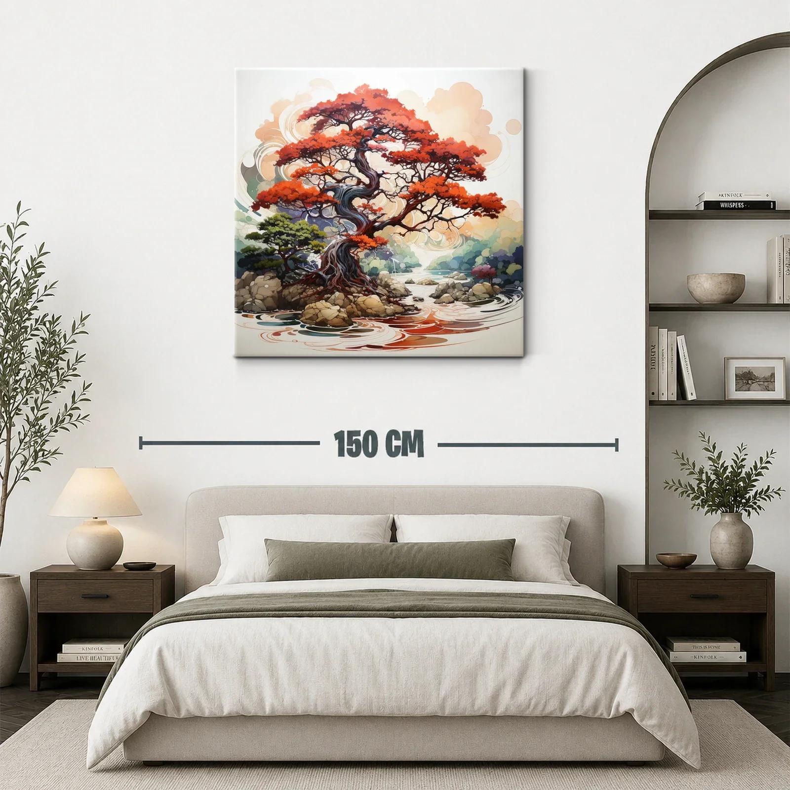 Árbol rojo sobre río con rocas y paisaje sereno — miniatura 3