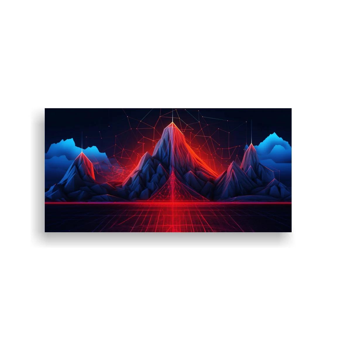 Cuadro montañas iluminadas con neón y suelo cuadriculado brillante