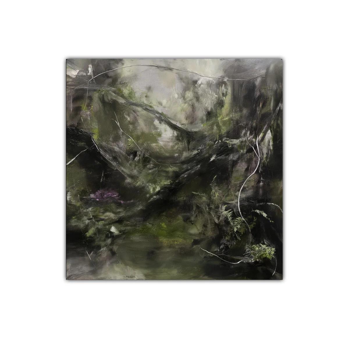 Paisaje abstracto con tonos oscuros y verdes naturales
