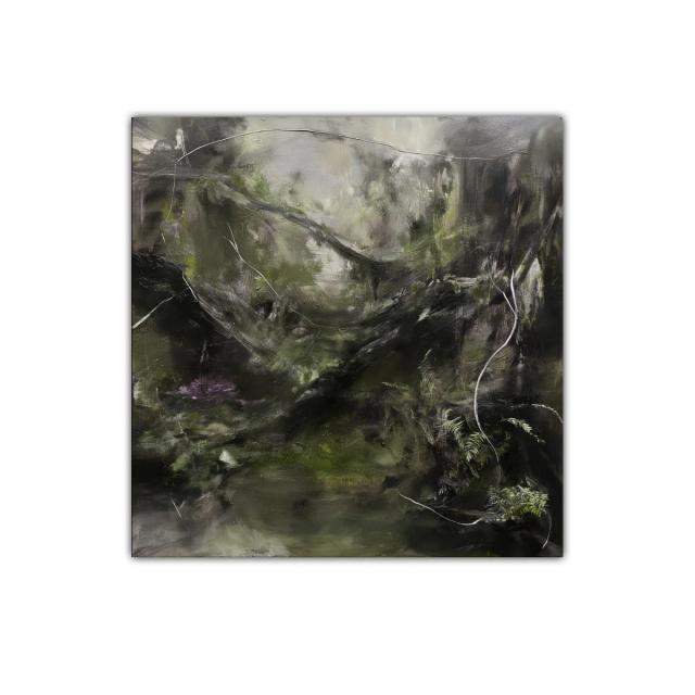 Paisaje abstracto con tonos oscuros y verdes naturales