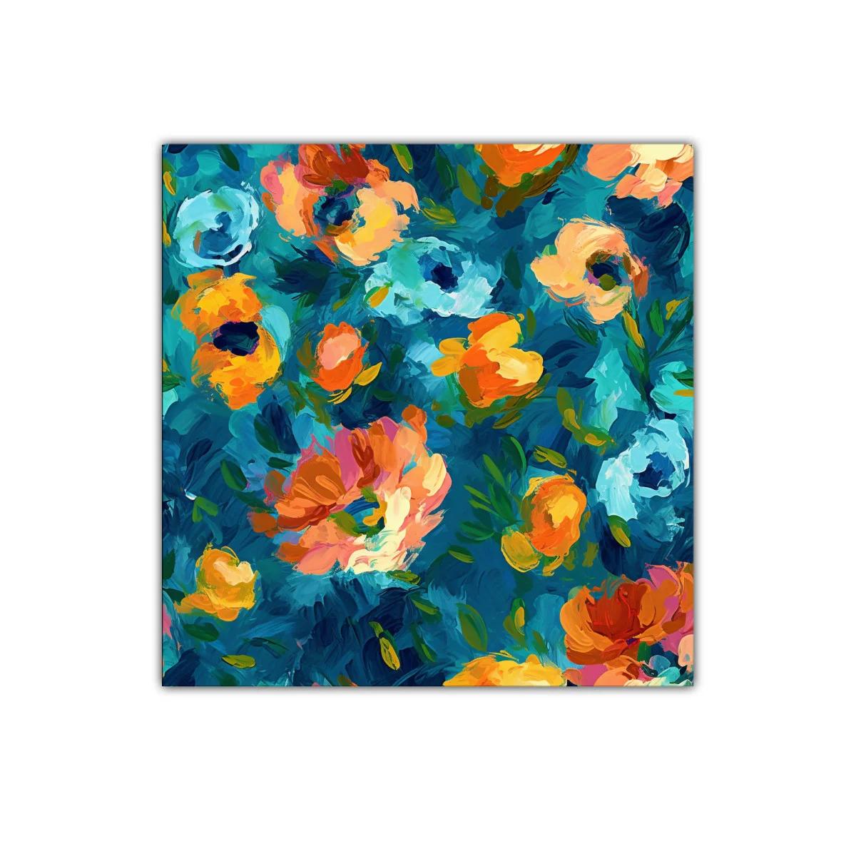 Cuadro floral vibrante con tonos azules y naranjas