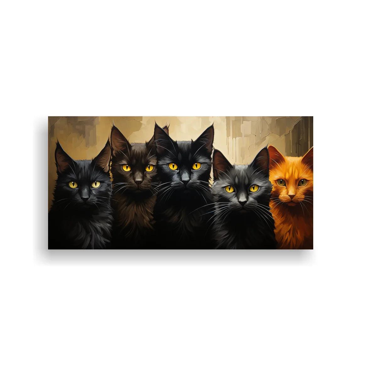 Cuadro de cinco gatos con las cabezas juntas
